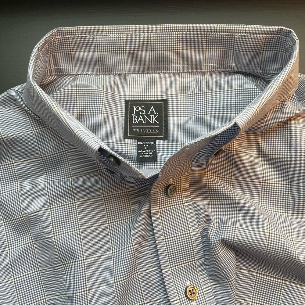 Jos A Bank XL Traveler button collar blue with green stripe dress shirt